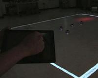 Controlling swarms of robots with a finger