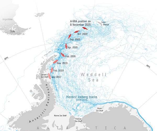Giant A-68A iceberg loses chunk of ice