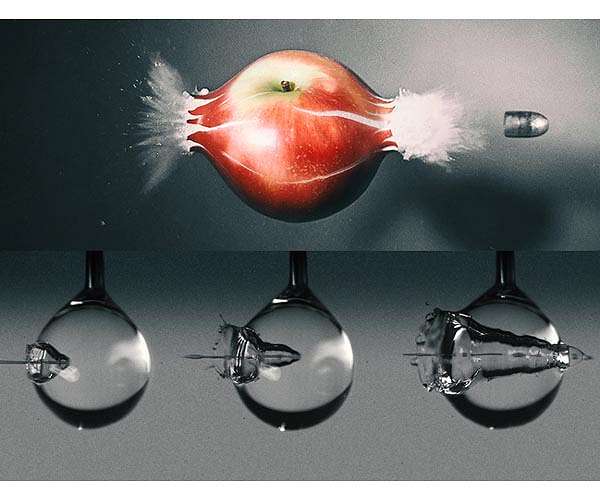 High-speed camera captures a water jet's splashy impact as it pierces a droplet