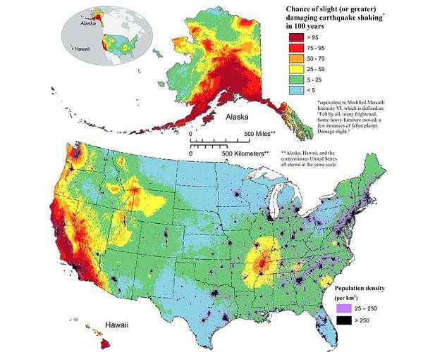 New USGS map shows where damaging earthquakes are most likely to occur in US?